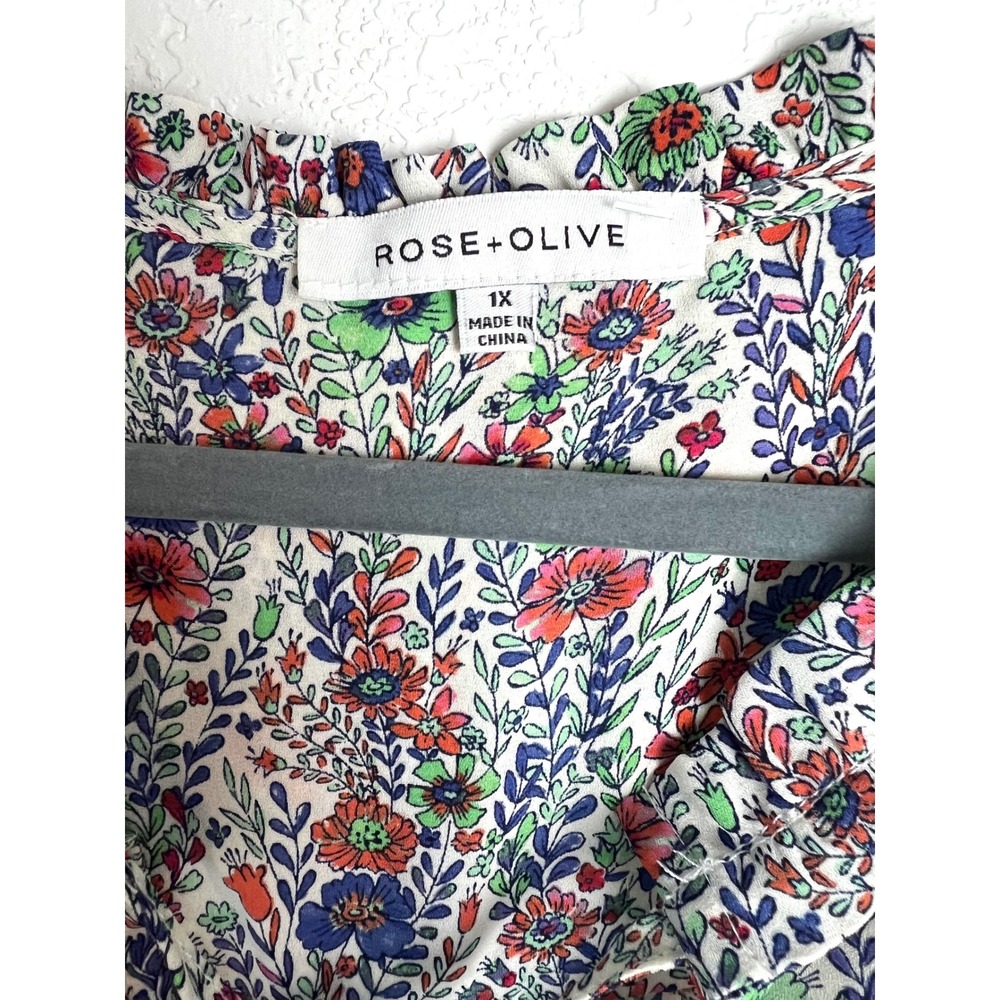 Rose & Olive Floral Tie Neck Blouse Size 1X Plus Flutter Sleeve Cottagecore - Picture 3 of 10